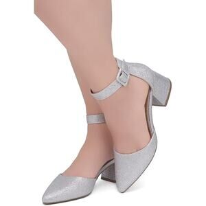 Shoe Land Womens Size 8 Silver Glitter Closed Toe 2.25" Heel Ankle Strap Shoes